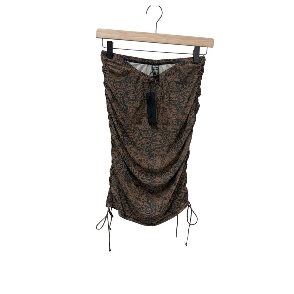 NWT Ed Hardy Brown Tiger Print Mesh Mini Skirt Coverup Women’s Size Medium‎